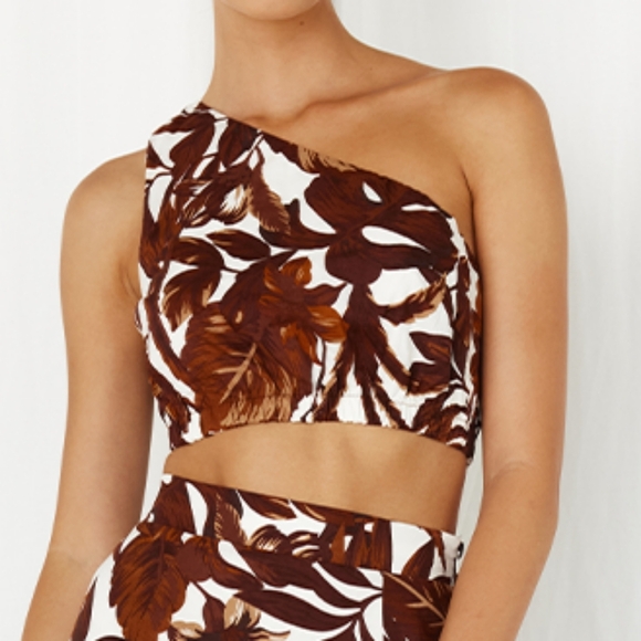 Seven Wonders Lorelei Brown and White Chocolate Floral One-Shoulder Top L and XL - Picture 1 of 8